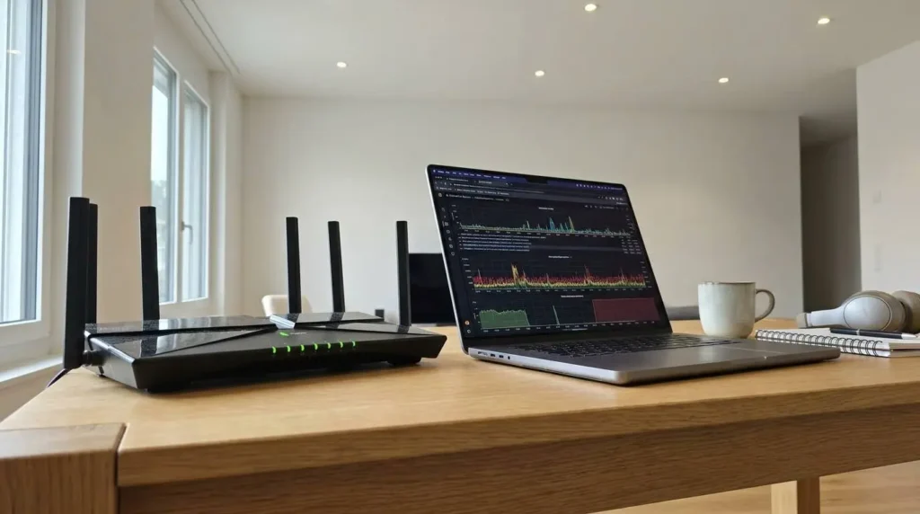 Routeur Wi-Fi 6 haute performance configuré via notre assistance informatique à distance suisse.